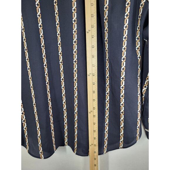 Ann Taylor Chain Link V-Neck Button Up Blouse L Navy Equestrian Career Stripe - Picture 5 of 11